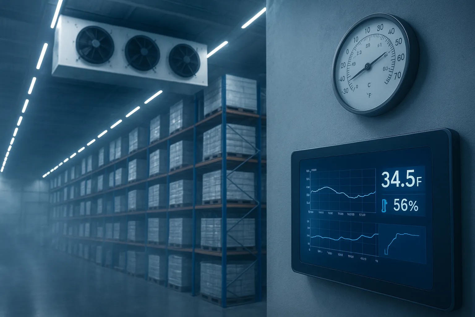 پوستر مقاله بهینهسازی مصرف برق و کنترل دما و رطوبت در سردخانه صنعتی با نمایش نمایشگر دیجیتال و فنهای سرمایشی